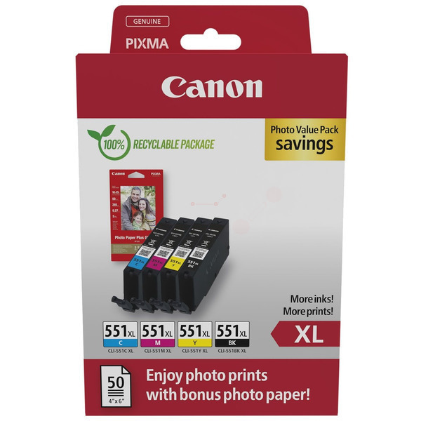 Original Canon CLI-551 XL 6443 B 008 Tintenpatrone MultiPack High-Capacity CLI Bk,C,M,Y + <b>Fotopapier</b> PP-201 50 Blatt
